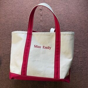 LL Bean Boat and Tote Canvas Bag Red Cream Miss Emily Personalized Made in USA